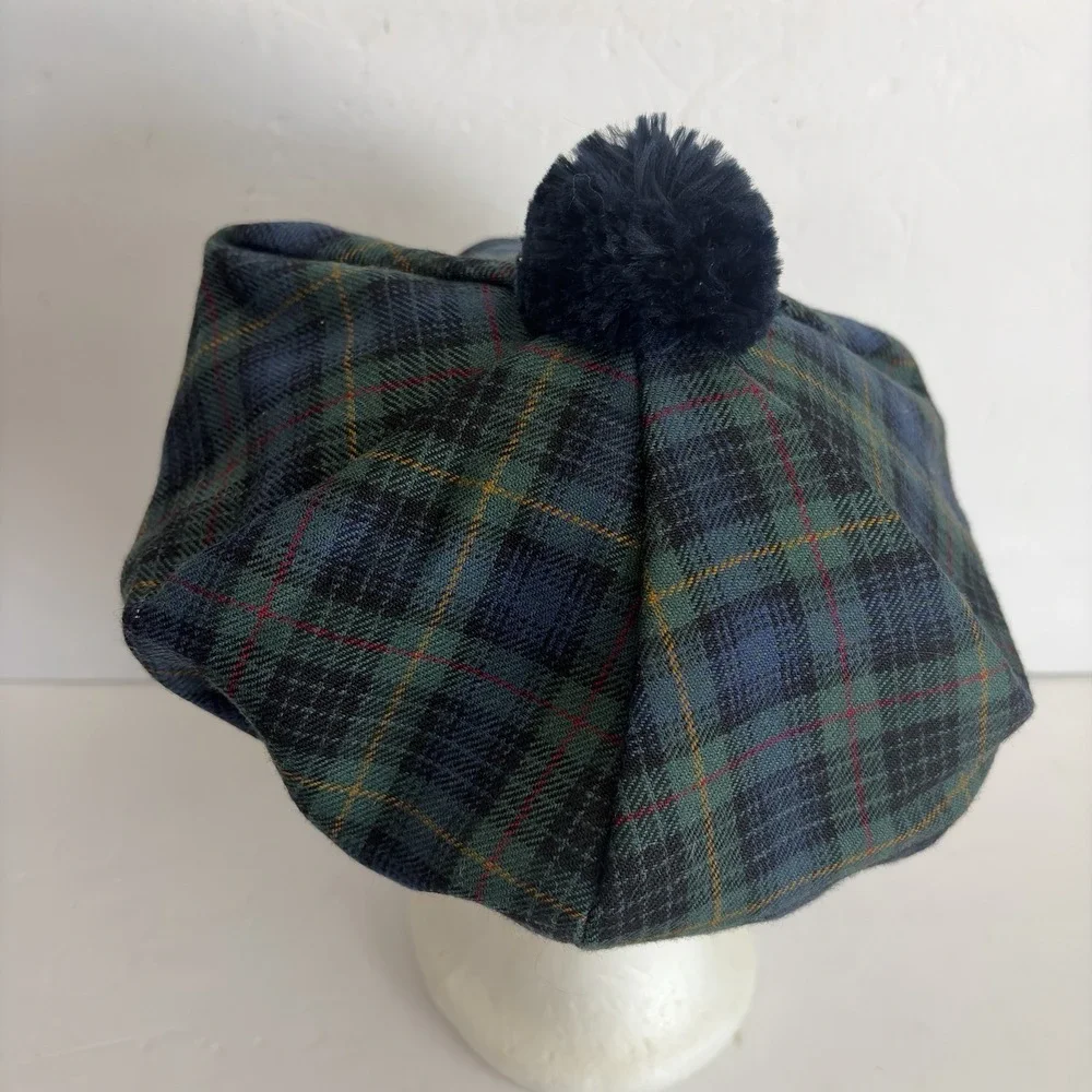 James Pringle Weavers Hat Beret OS Green Stewart Tartan Pure New Wool Scotland